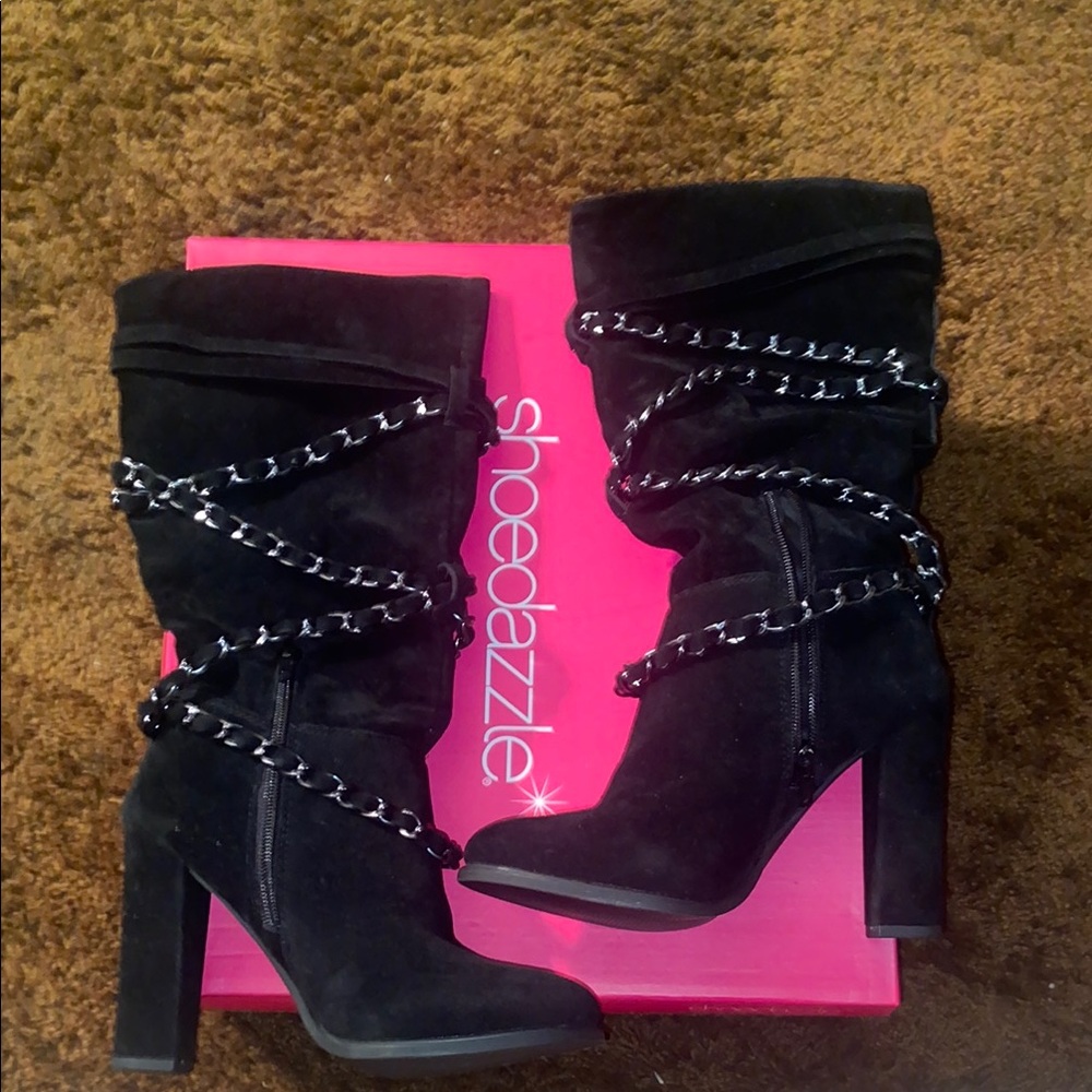GET 4 $10
Shoe Dazzle Black Heeled Boots with Silver Studs